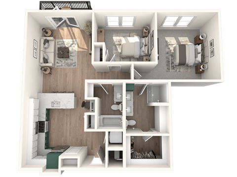 A 3D floor plan of a house with a kitchen, living room, and two bedrooms.